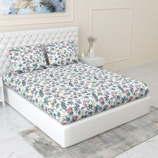 Regal Bloom 100% Cotton Double Fitted Bedsheet, 144 TC