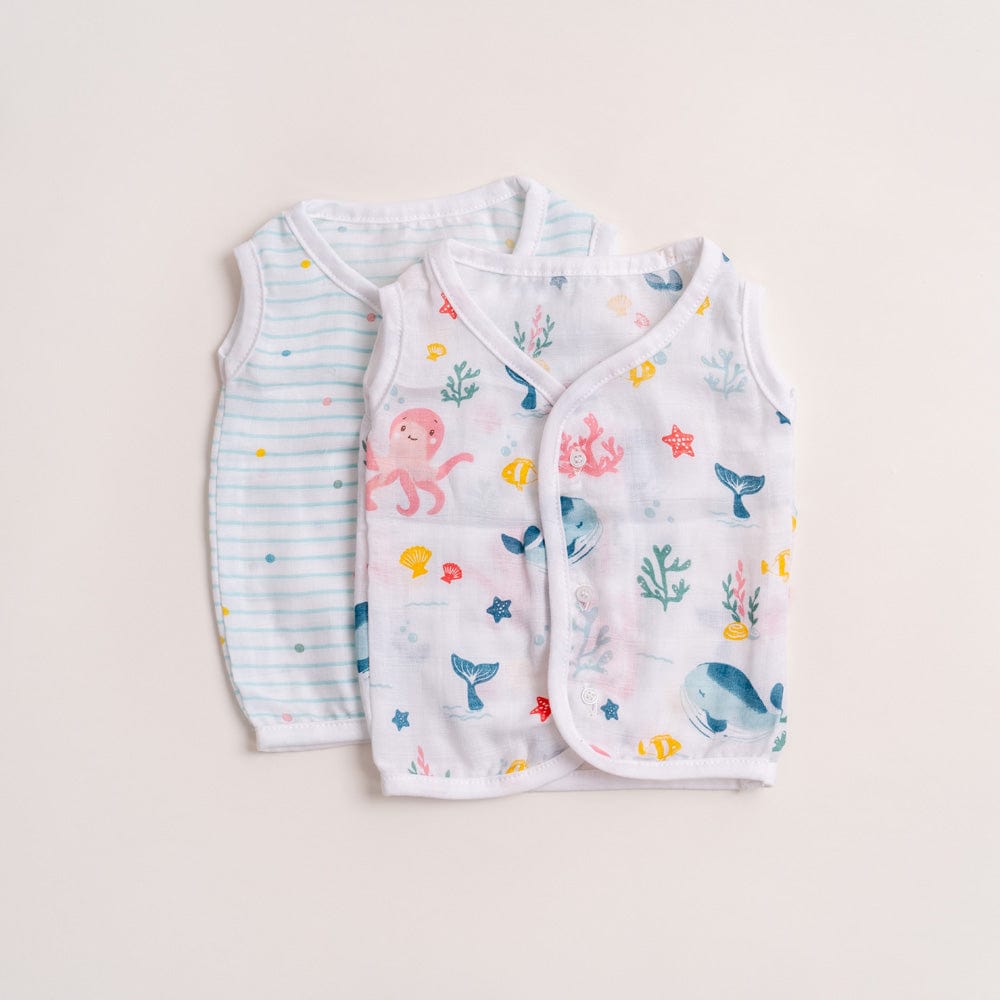 100% Cotton Muslin Vest Pack of 2 for Boys - Vitamin Sea & Blue Stripe