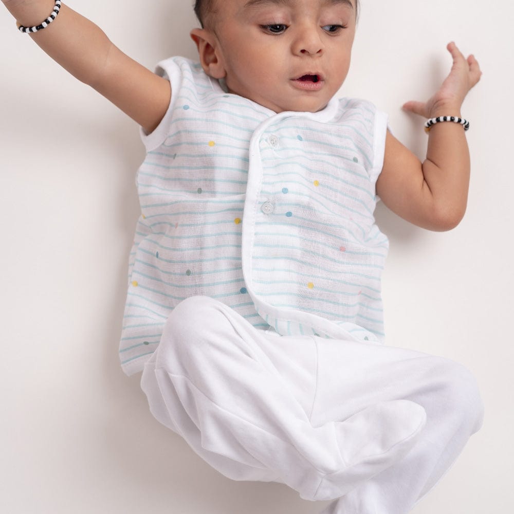 100% Cotton Muslin Vest Pack of 2 for Boys - Vitamin Sea & Blue Stripe