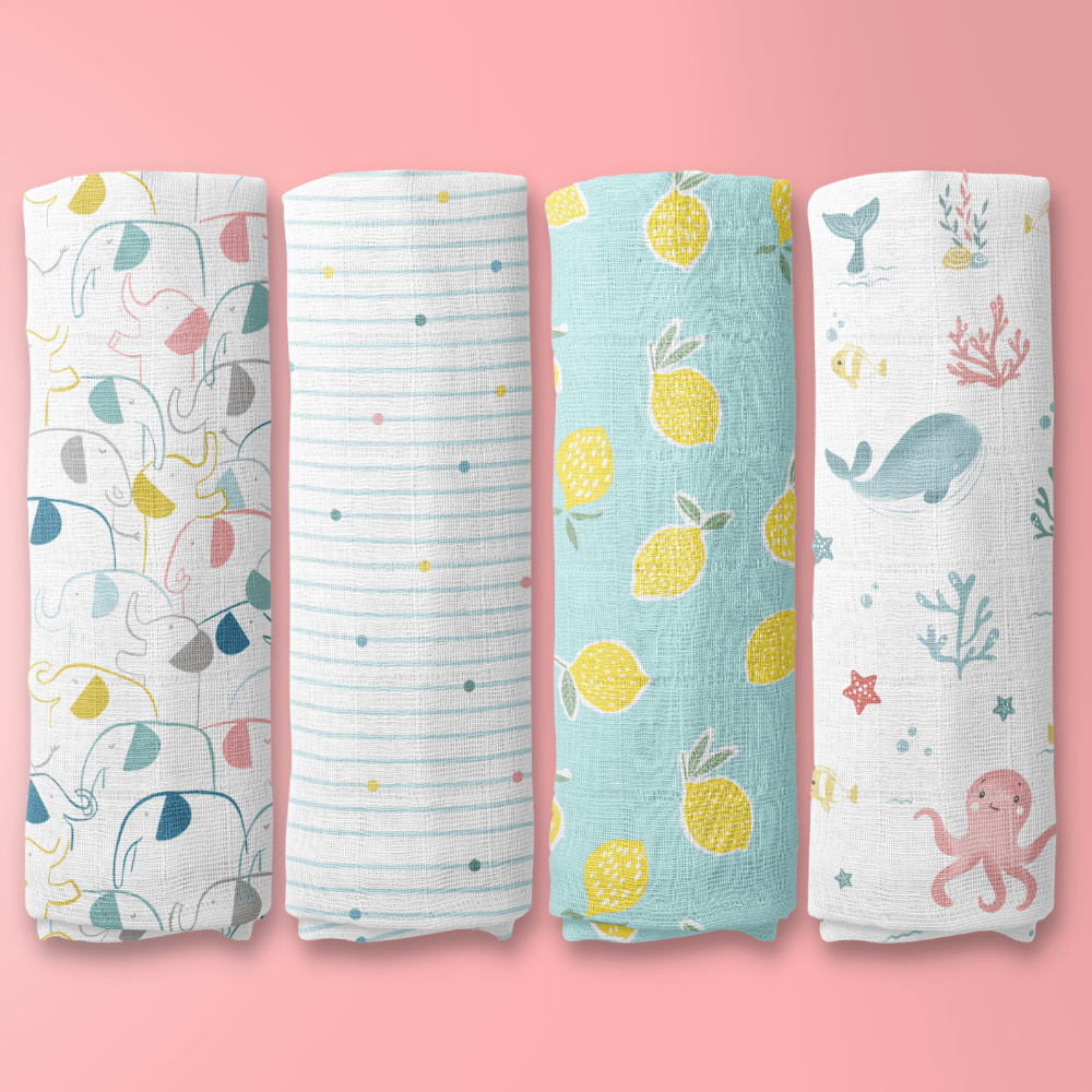 Aloha Collection 100% Cotton Muslin Swaddle Pack Of 4 (Elephant, Dot, Fruit, Ocean)