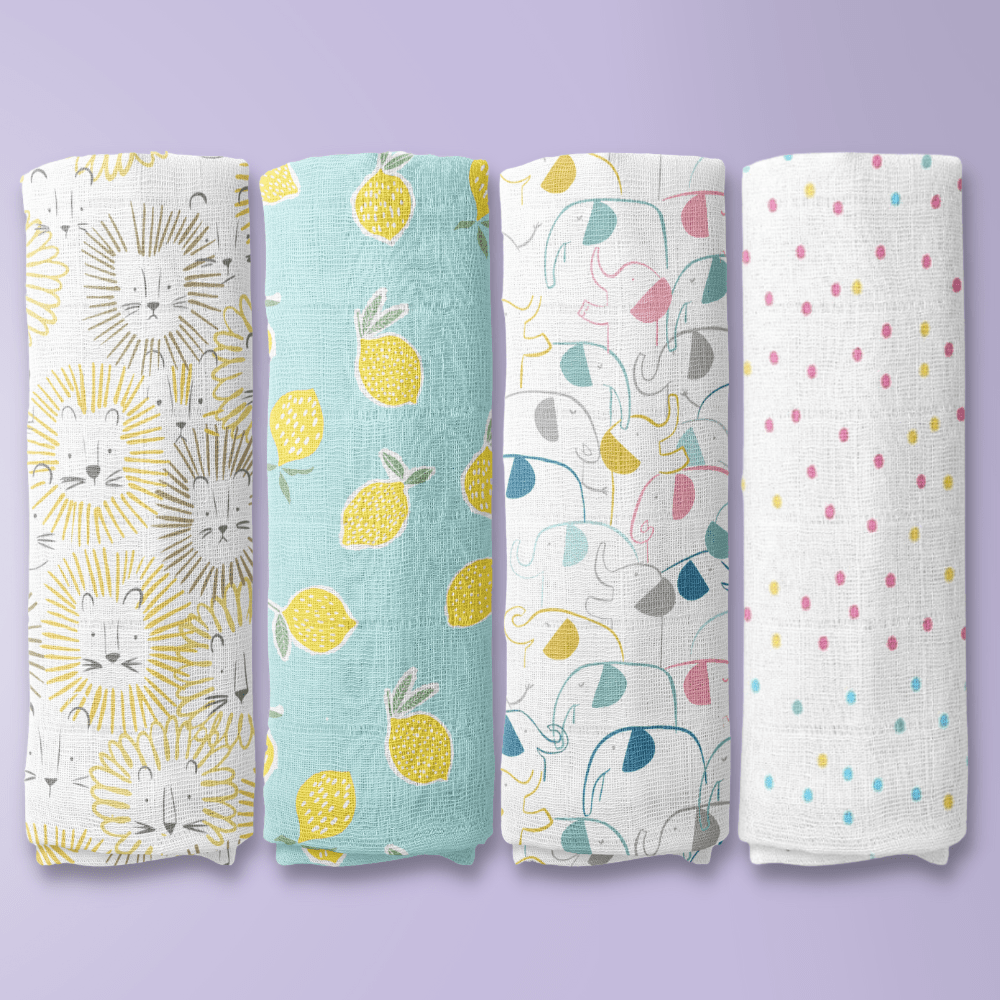Fruit & Brute Collection 100% Cotton Soft Muslin Swaddles Wrap for Newborn Baby - Pack of 4 (100 x 100 cm, Yellow , blue , Multicolor)