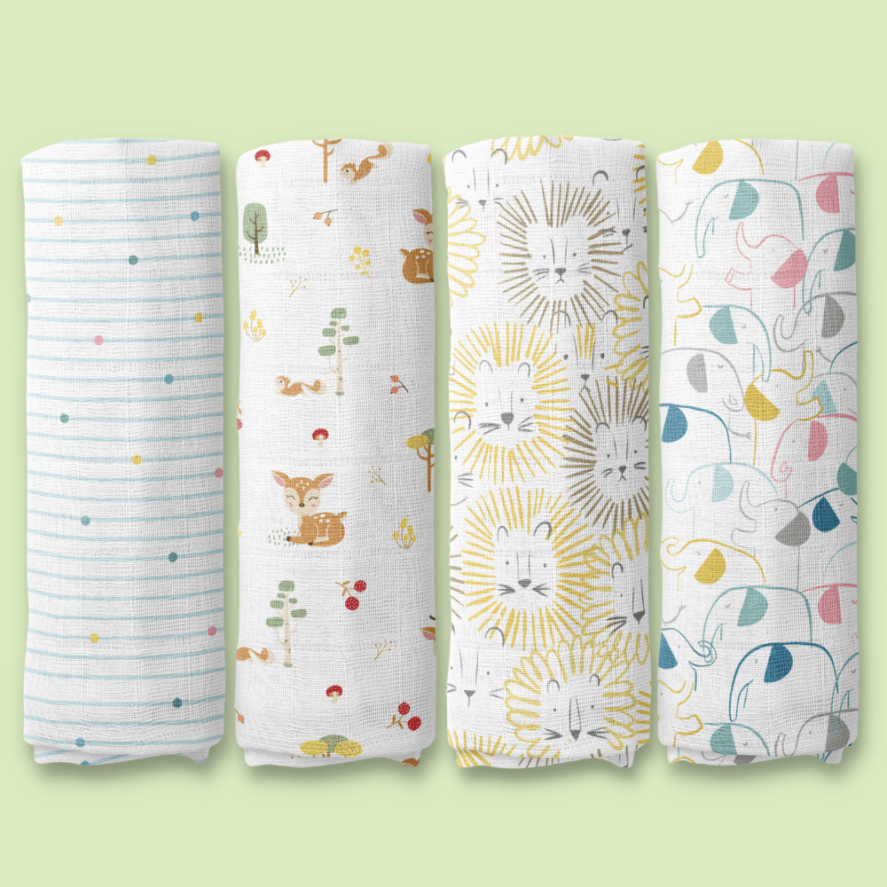 Jungle Safari Collection 100% Cotton Muslin Swaddle Pack Of 4 (Woodland, Elephant, Lion, Dot)