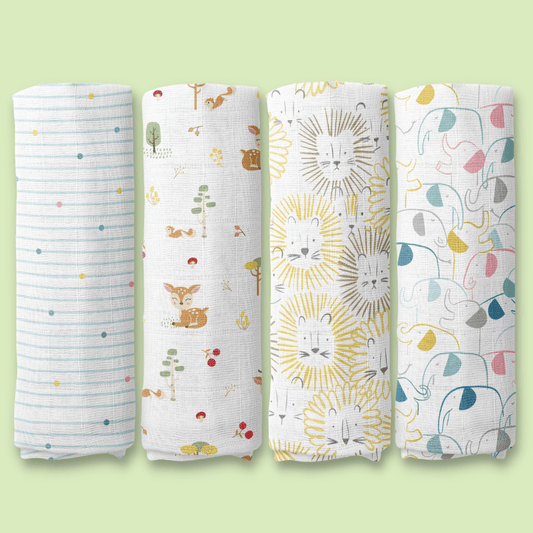 Jungle Safari Collection 100% Cotton Muslin Swaddle Pack Of  4 (Woodland, Elephant, Lion, Dot)