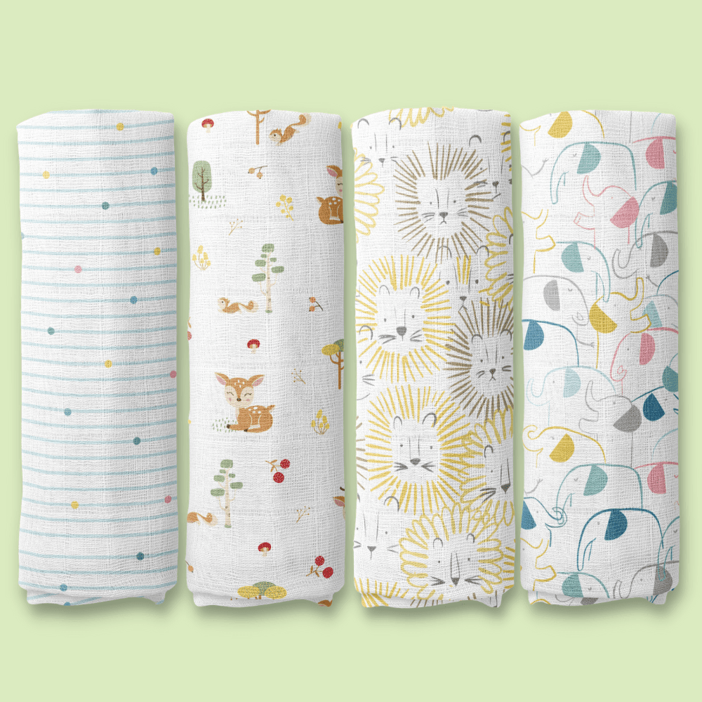 Jungle Safari Collection 100% Cotton Muslin Swaddle Pack Of 4 (Woodland, Elephant, Lion, Dot) - Swaddles | haus & kinder