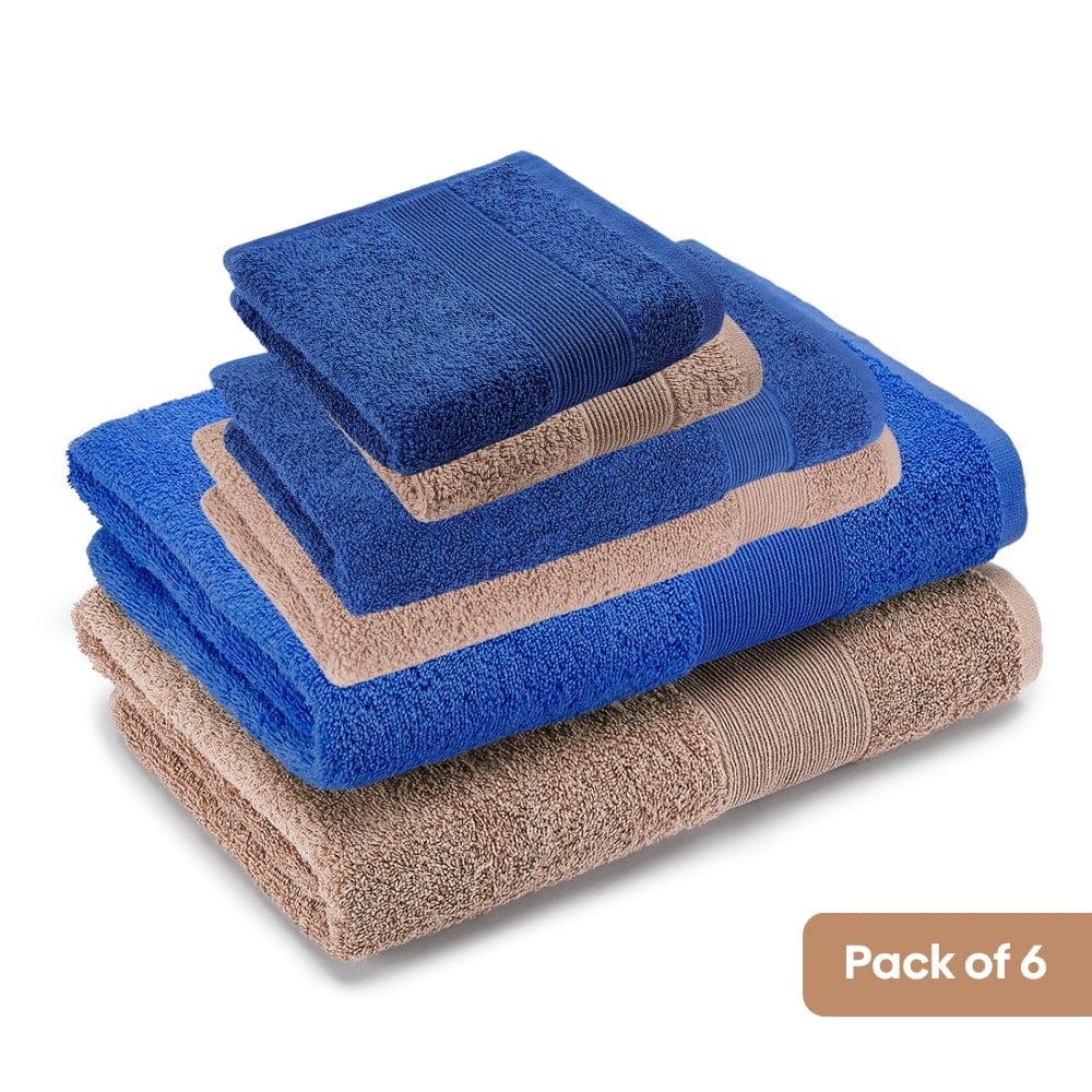 100% Cotton Harmony Combed Bath Set- Pack Of 6 (Cobalt, Almond)
