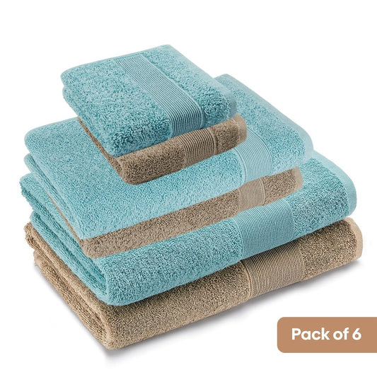 100% Cotton Harmony Combed Bath Set- Pack Of 6  (Coastal Blue, Taupe)