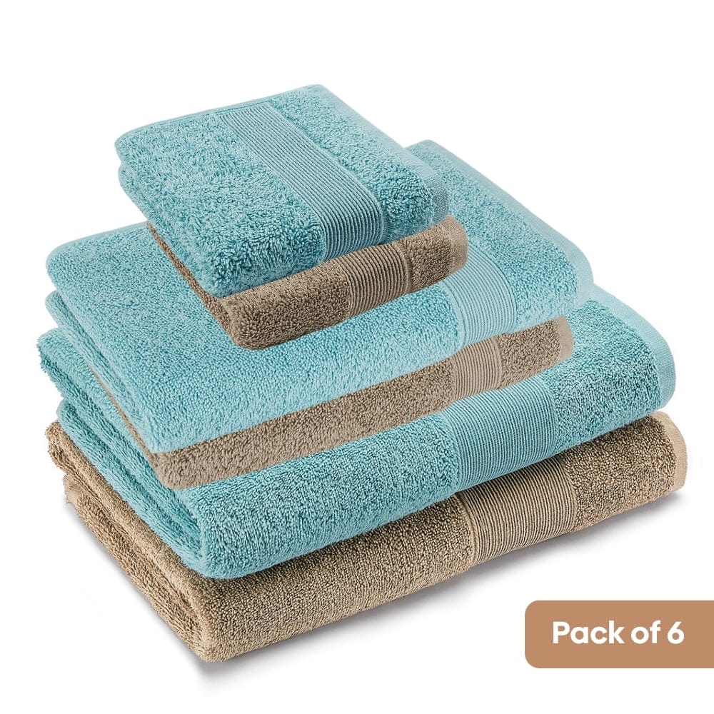 100% Cotton Harmony Combed Bath Set- Pack Of 6 (Coastal Blue, Taupe)