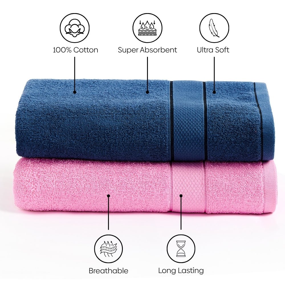 Bliss 100% Cotton Bath Towel Set of 2 – Navy & Pink - Bath Towel | haus & kinder