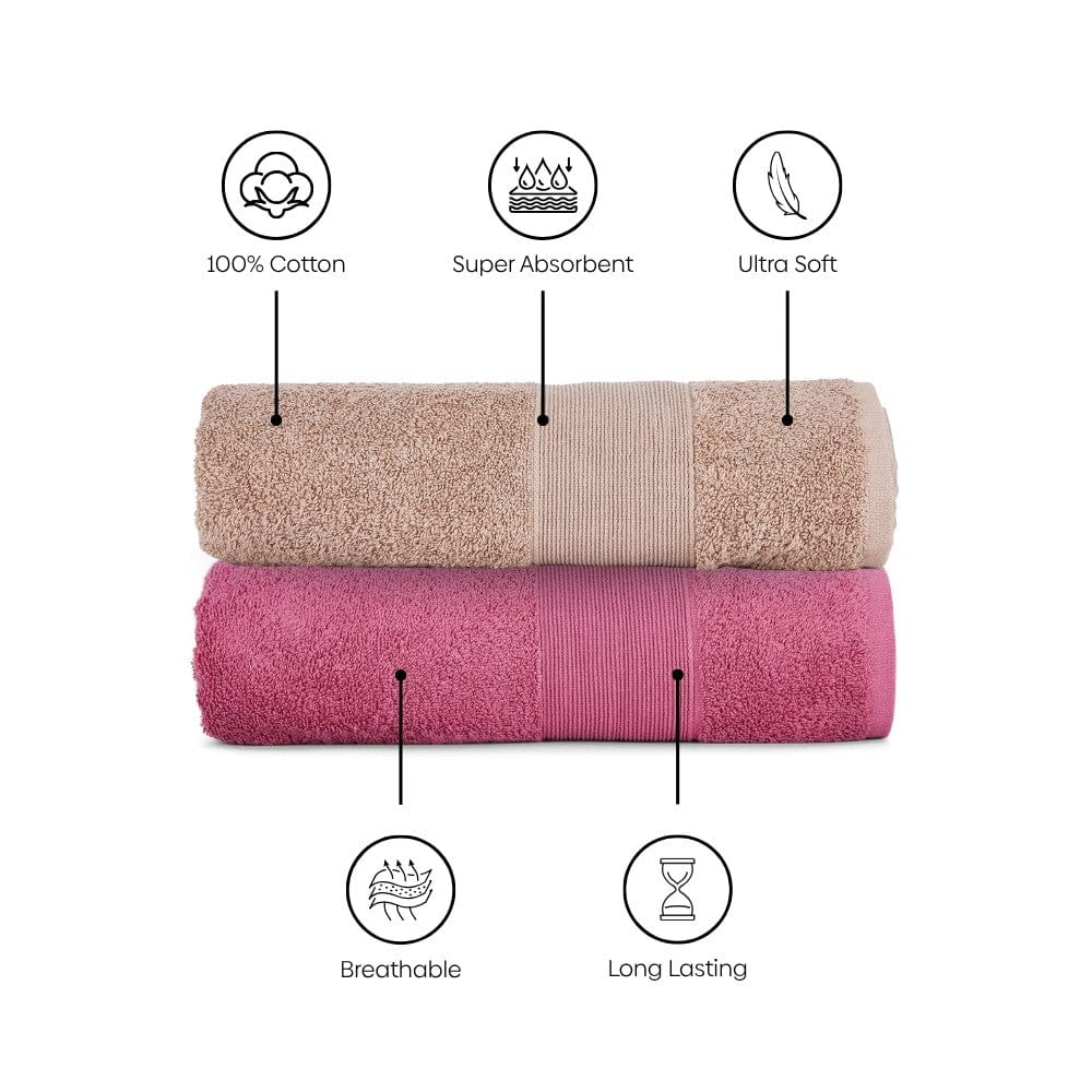 100% Cotton Harmony Combed Bath Towel- Pack Of 2 (Almond, Mulberry)