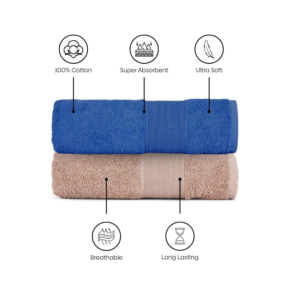 100% Cotton Harmony Combed Bath Towel- Pack Of 2 (Cobalt, Almond)