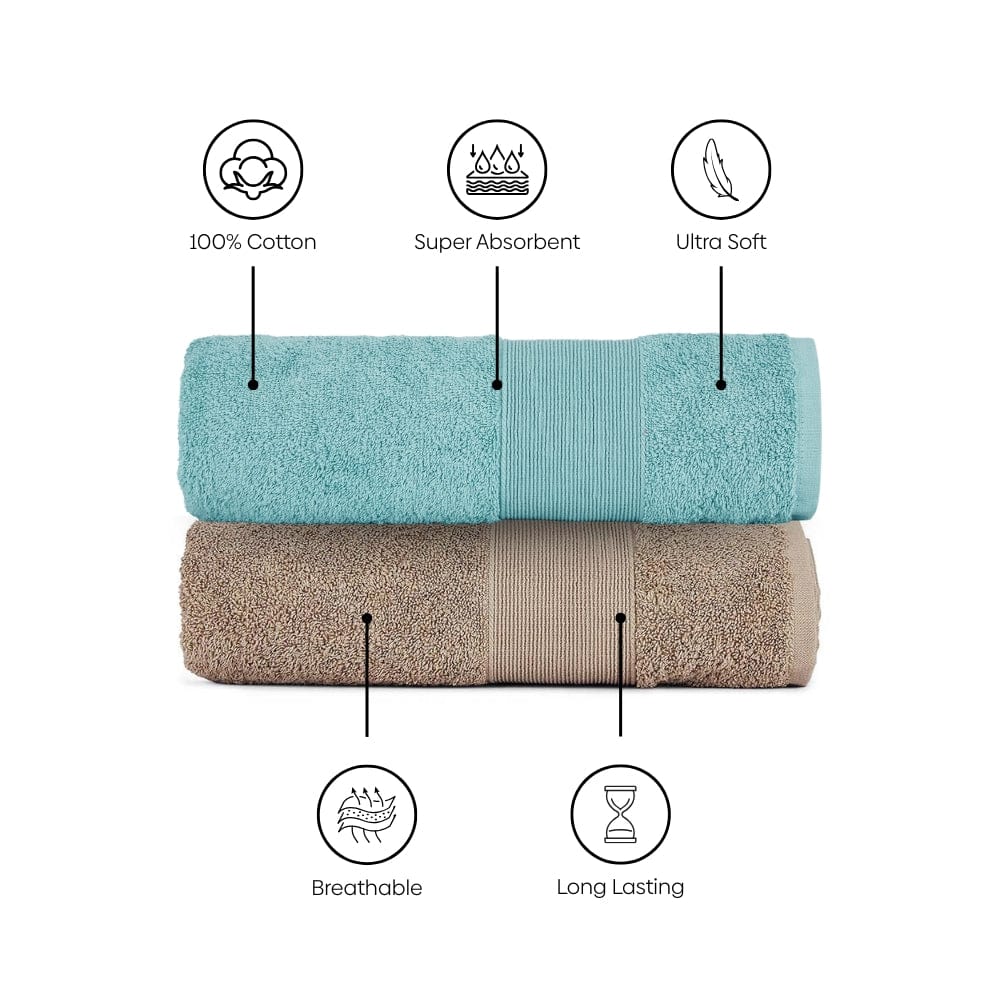 100% Cotton Harmony Combed Bath Towel- Pack Of 2 (Coastal Blue, Taupe)