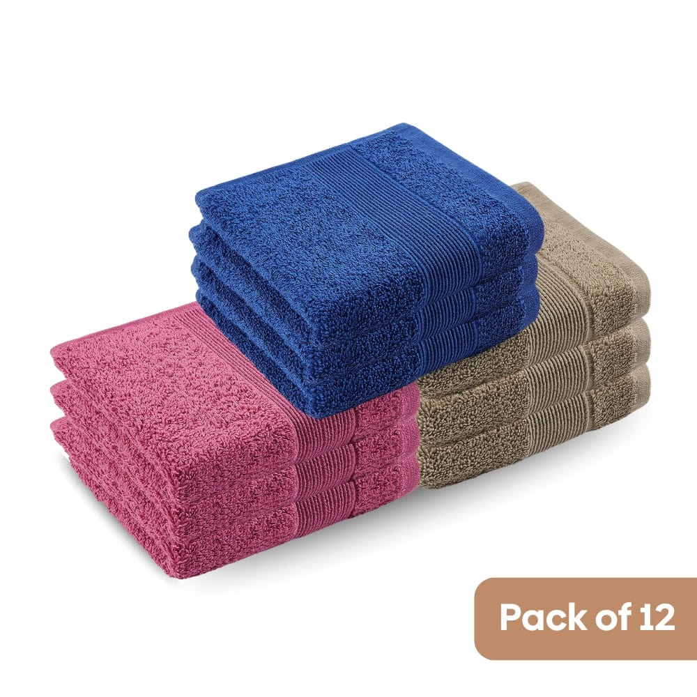 100% Cotton Harmonry Combed Face Towel- Pack Of 12 (Cobalt, Mulberry, Taupe)