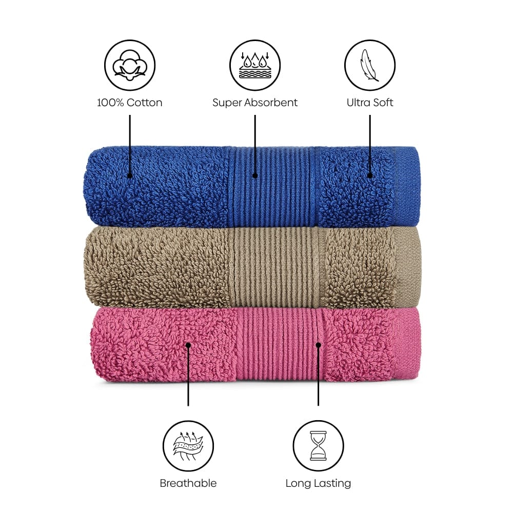 100% Cotton Harmonry Combed Face Towel- Pack Of 12 (Cobalt, Mulberry, Taupe)