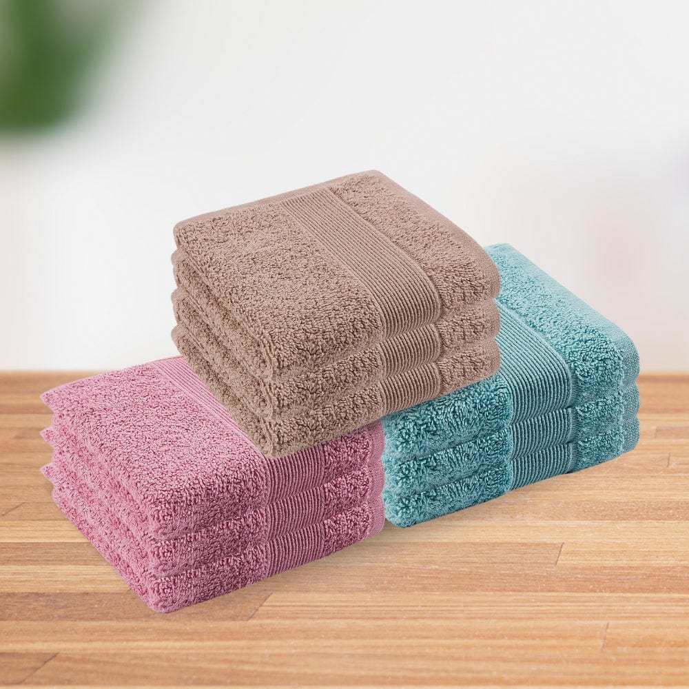 100% Cotton Harmonry Combed Face Towel- Pack Of 12 (Cameo Pink, Almond, Coastal Blue)