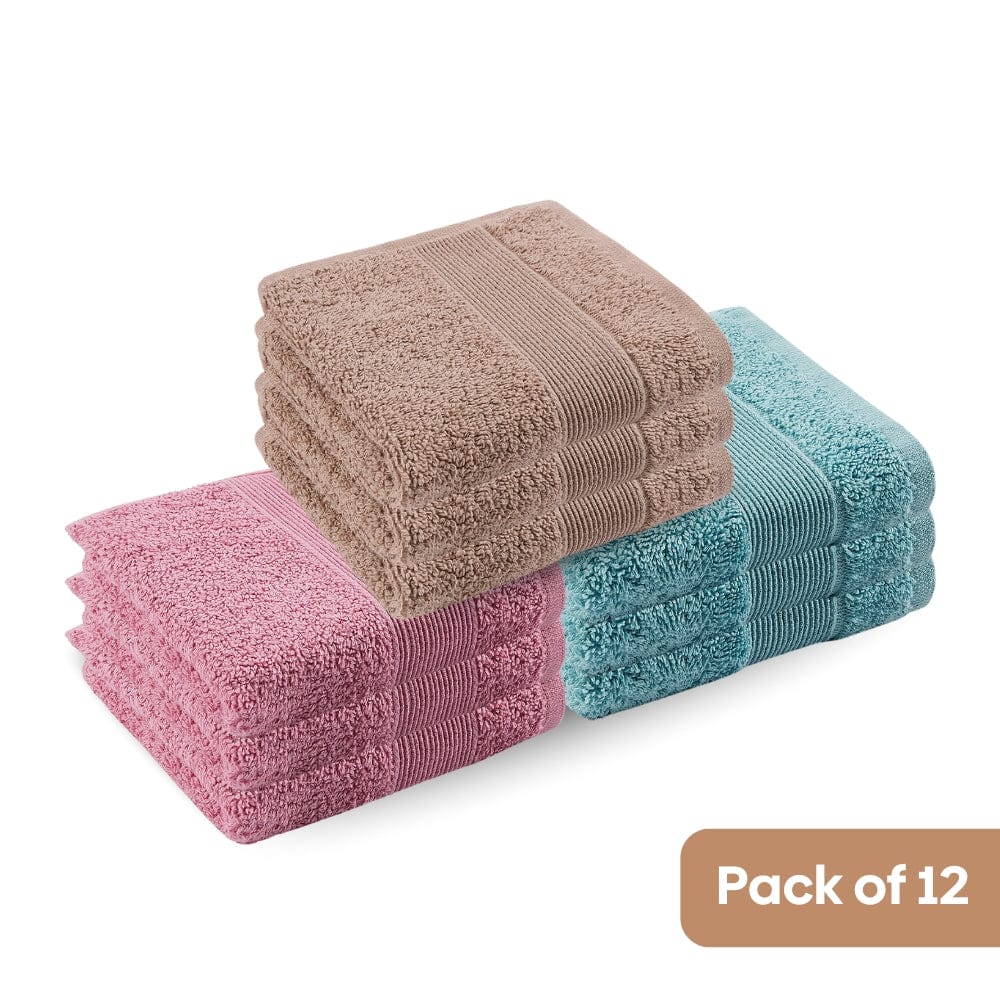 100% Cotton Harmonry Combed Face Towel- Pack Of 12 (Cameo Pink, Almond, Coastal Blue)