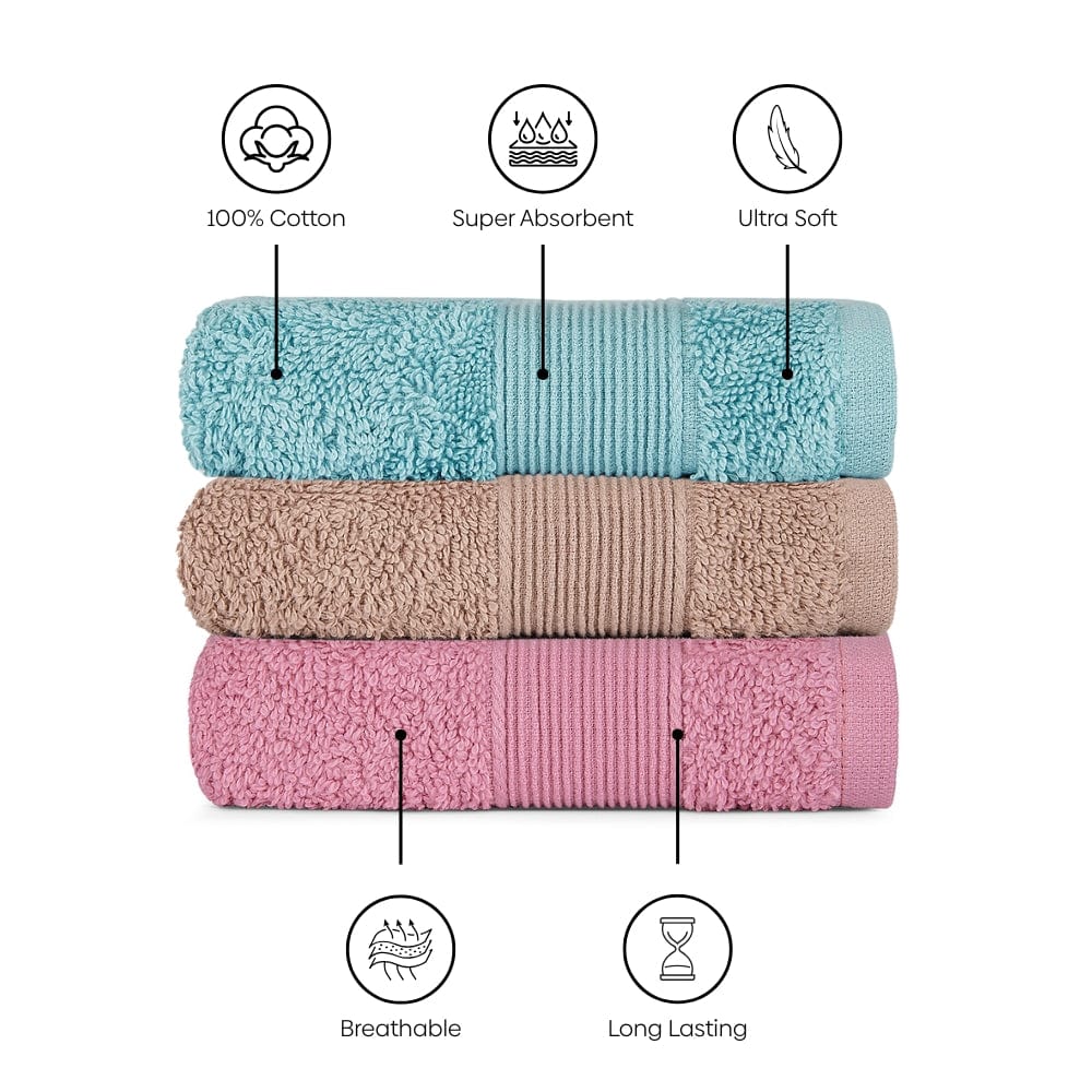 100% Cotton Harmonry Combed Face Towel- Pack Of 12 (Cameo Pink, Almond, Coastal Blue)