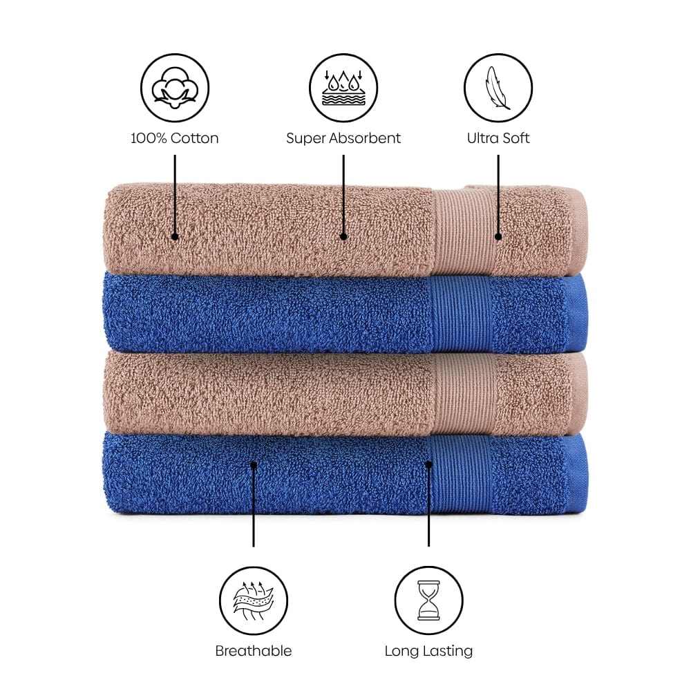 100% Cotton Harmony Combed Hand Towel- Pack Of 4 (Cobalt, Almond)