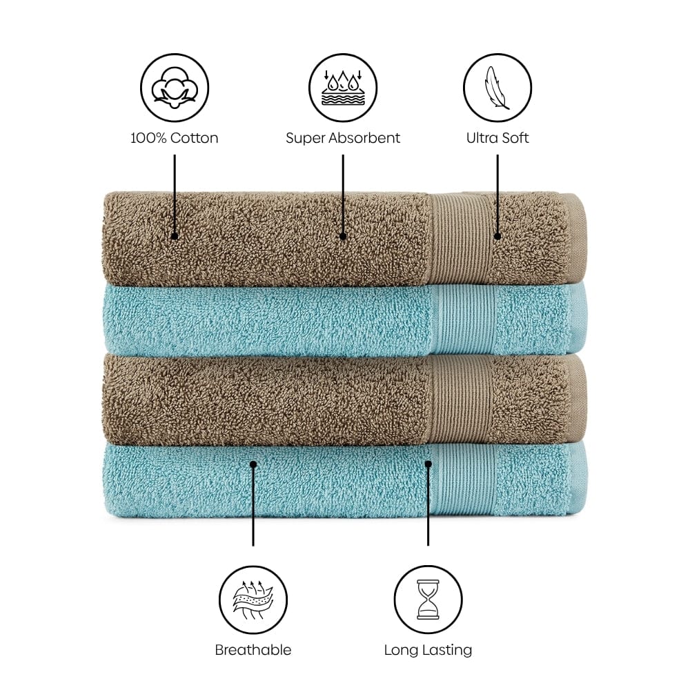 100% Cotton Harmony Combed Hand Towel- Pack Of 4 (Coastal Blue, Taupe)