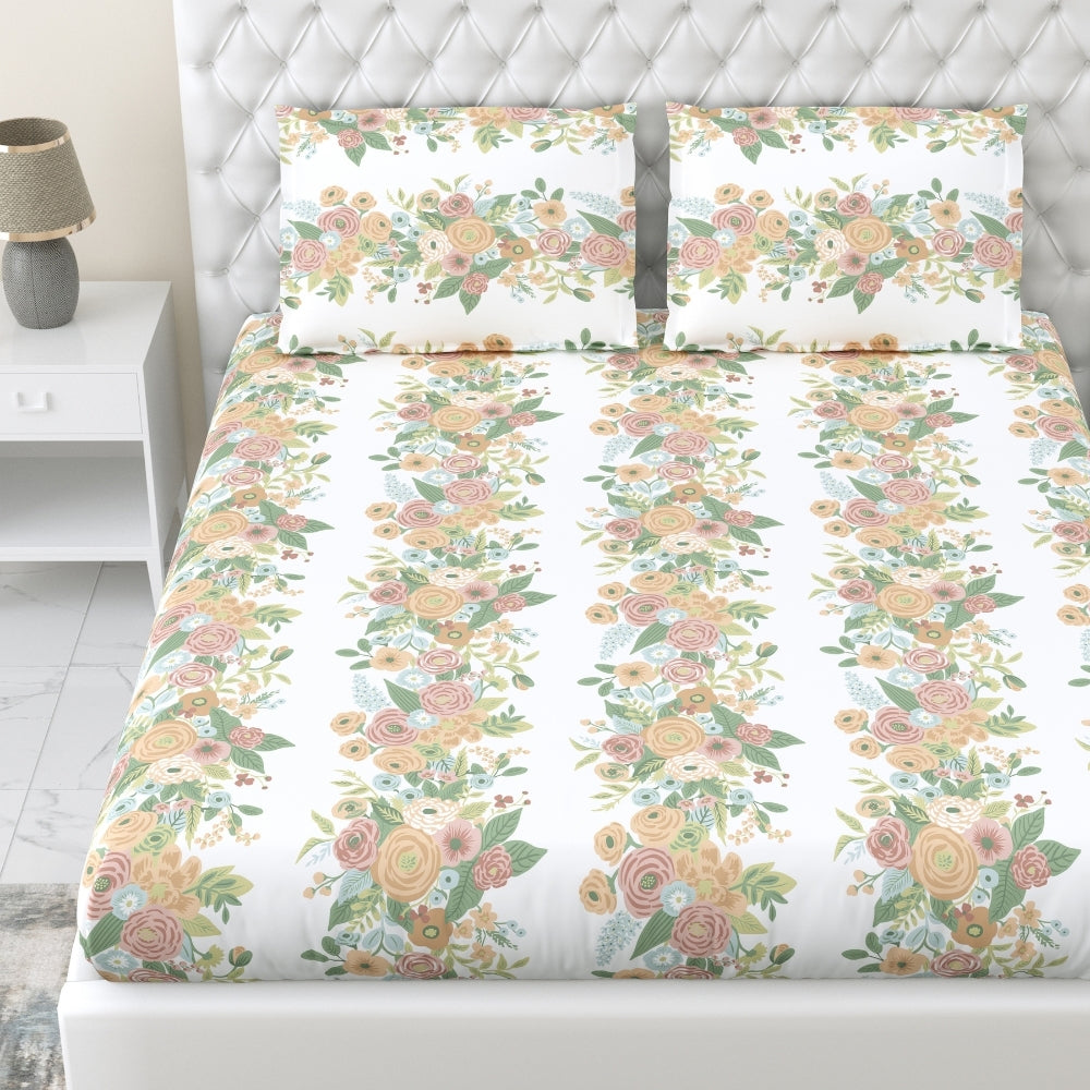 Vintage Peony 100% Cotton Double Fitted Bedsheet, 144 TC
