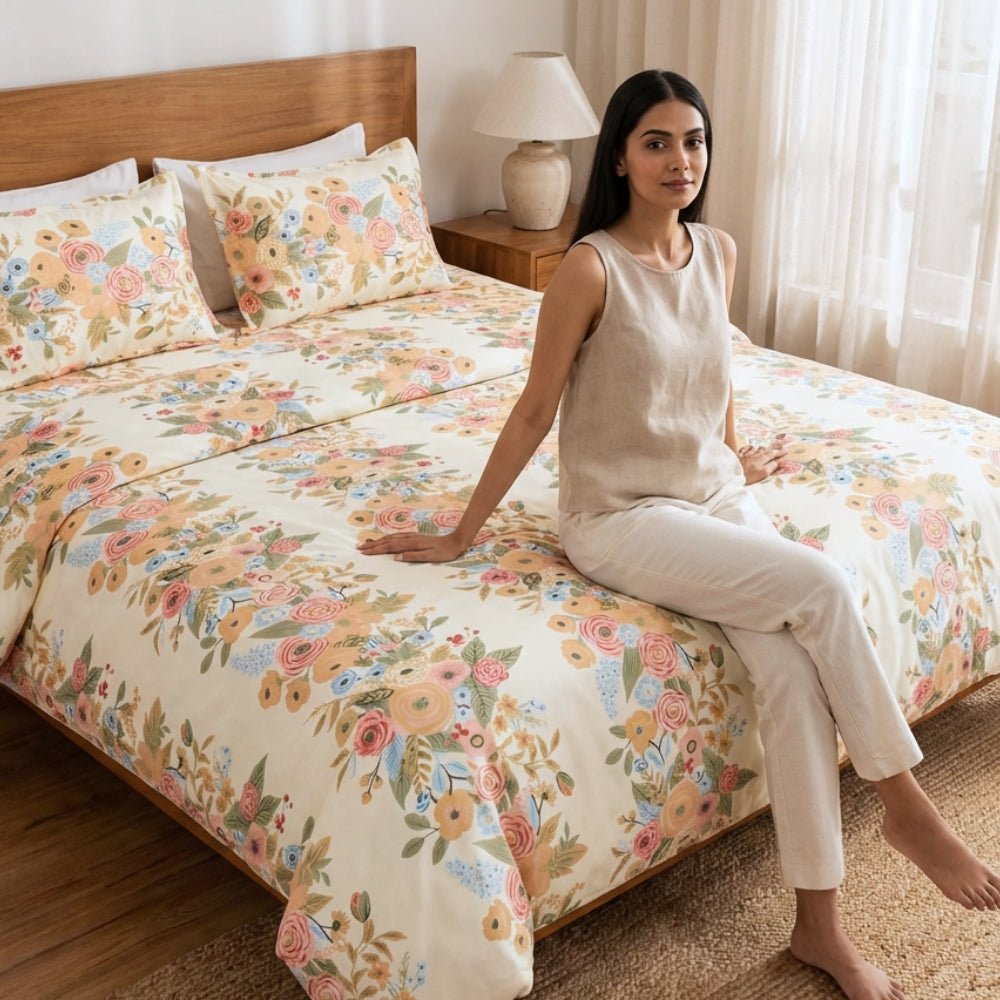 Vintage Peony 100% Combed Cotton 144 TC King Flat Bedsheet - Bedsheets | haus & kinder