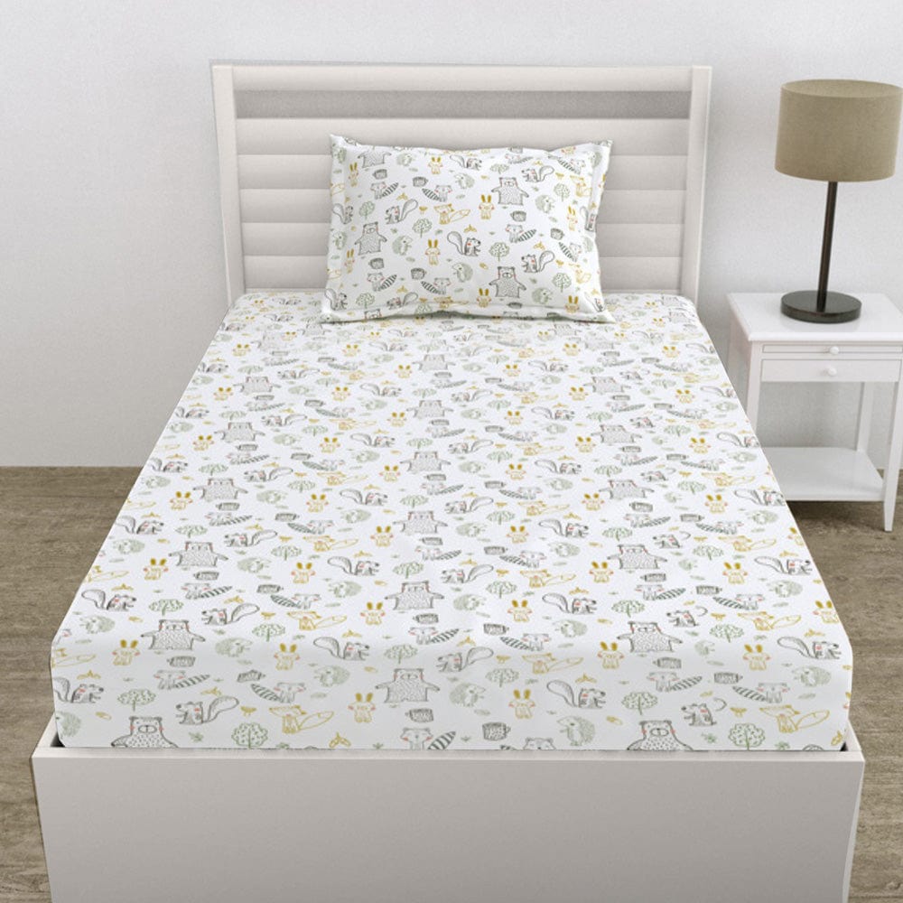 Wrinkle-Free 100% Cotton Single Bedsheet, 200 TC, Woodland Animal