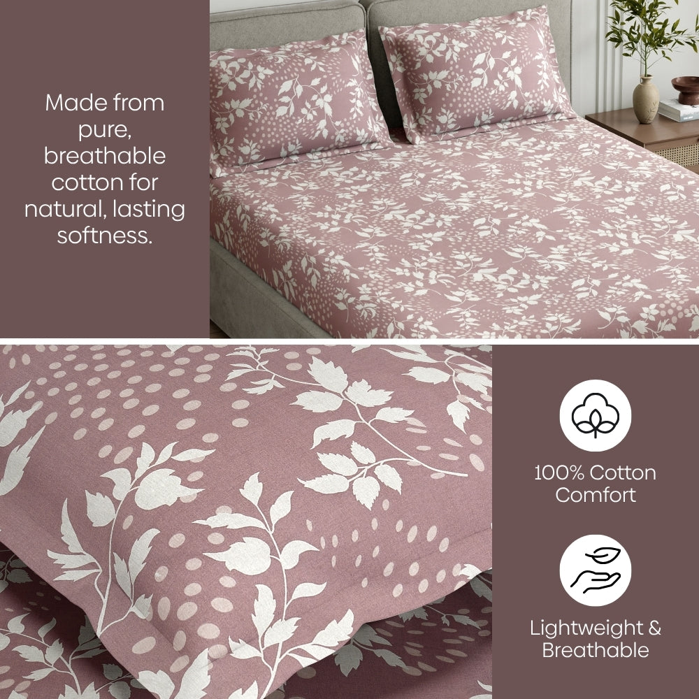 Wine foliage 100% Cotton Double Fitted Bedsheet, 144 TC