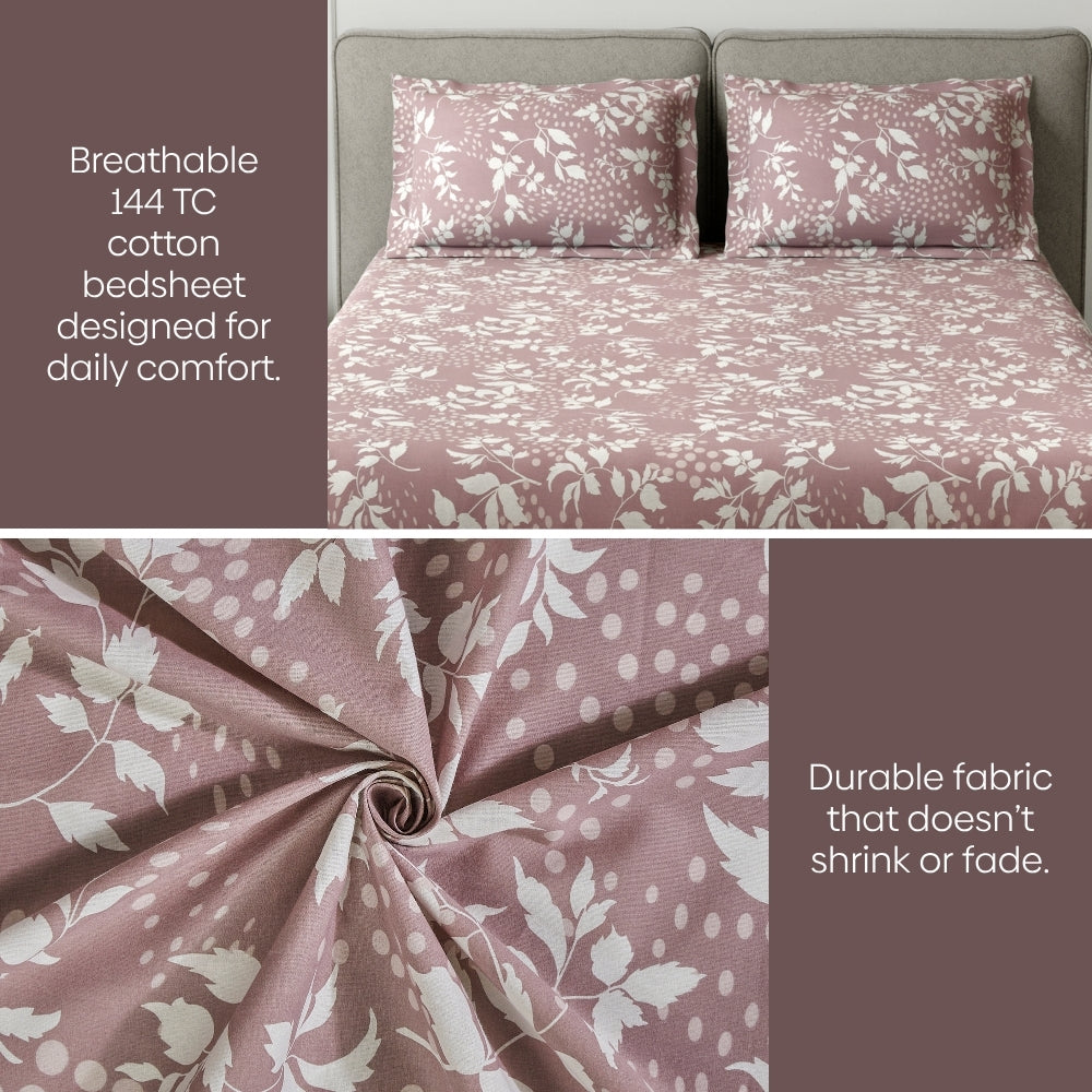 Wine foliage 100% Cotton Double Fitted Bedsheet, 144 TC