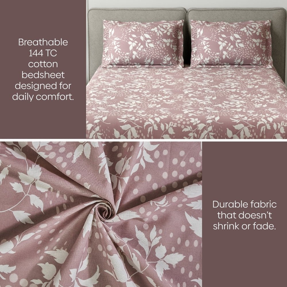 Wine foliage 100% Cotton Double Fitted Bedsheet, 144 TC - Fitted Double Size | haus & kinder