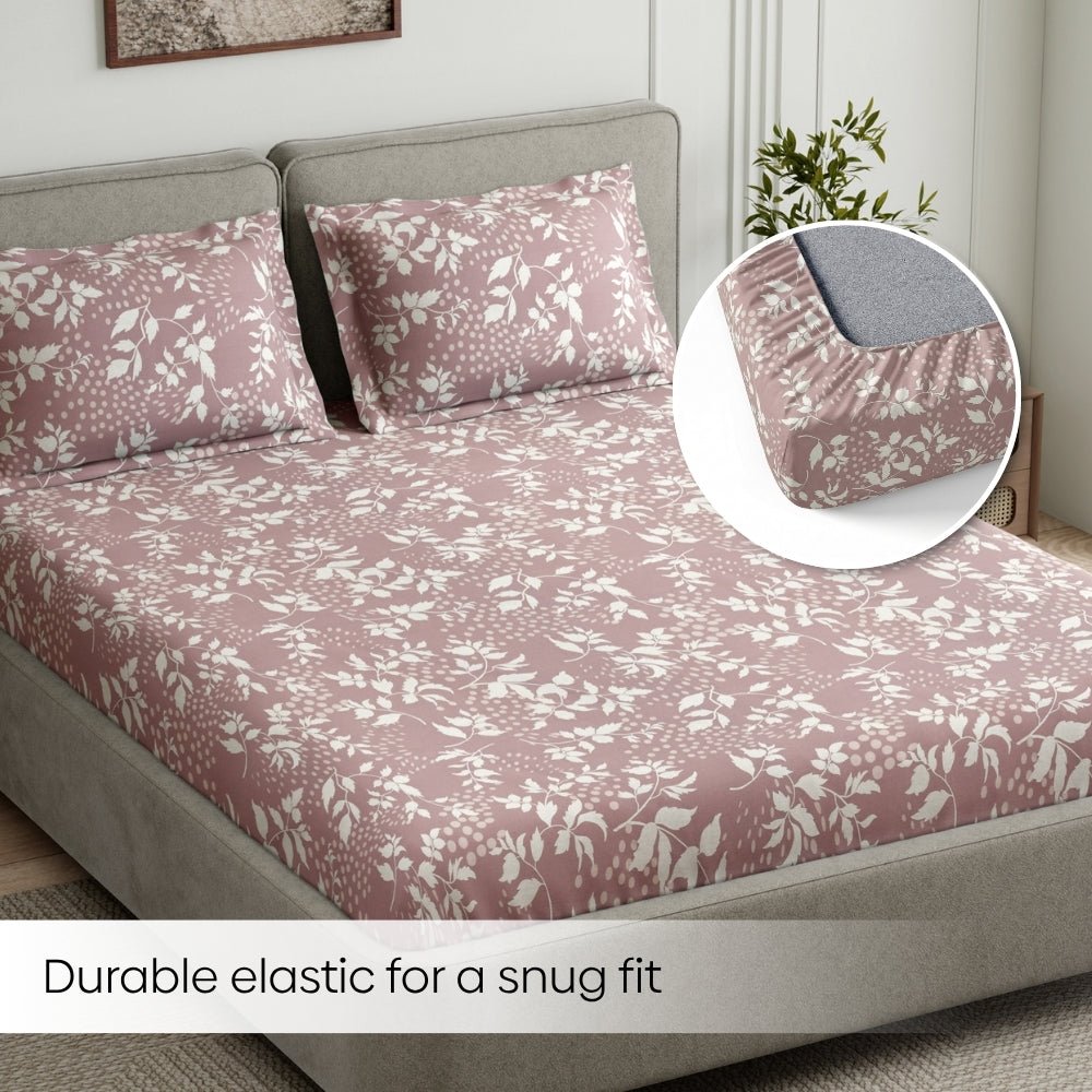 Wine foliage 100% Cotton Double Fitted Bedsheet, 144 TC - Fitted Double Size | haus & kinder