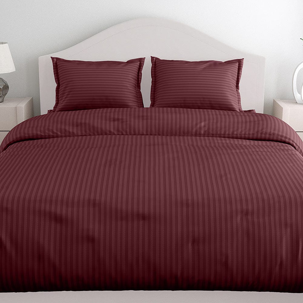 Wine Satin Stripes King Fitted Bedsheet, 210 TC