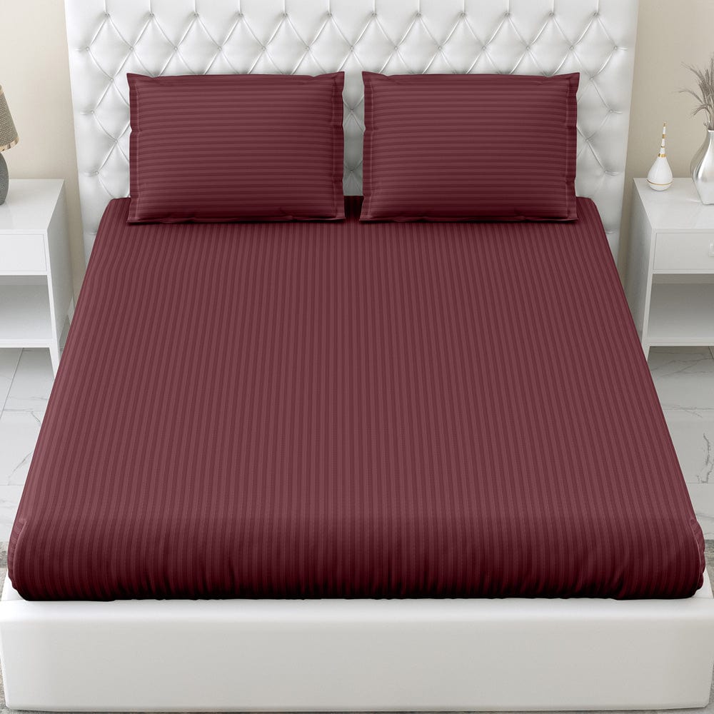 Wine Satin Stripes King Fitted Bedsheet, 210 TC