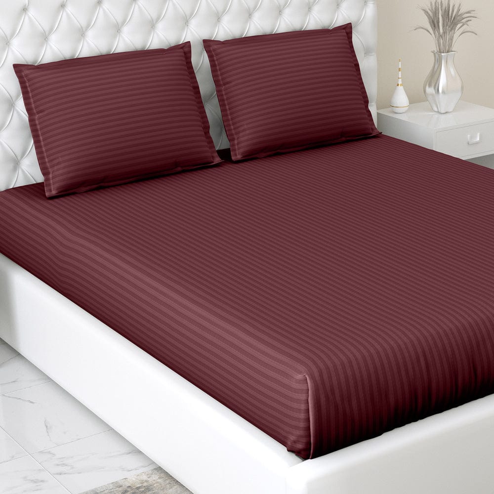 Wine Satin Stripes King Fitted Bedsheet, 210 TC