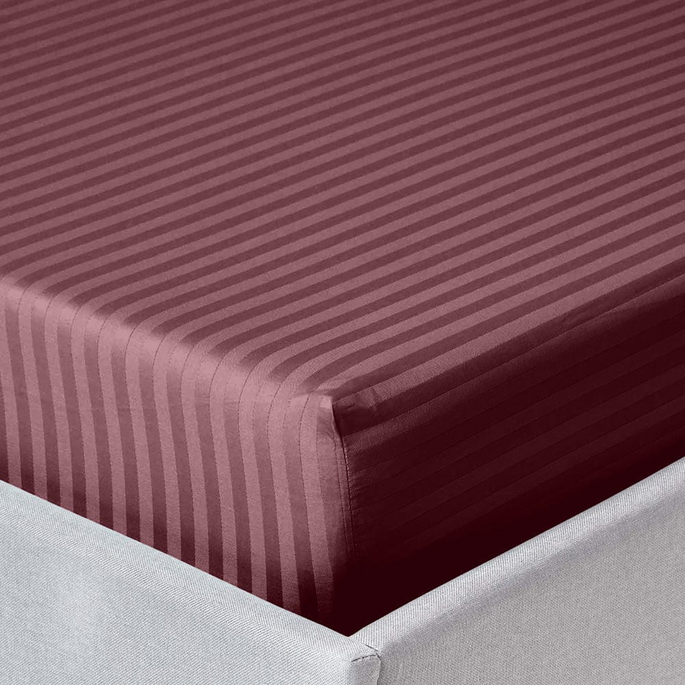 Wine Satin Stripes King Fitted Bedsheet, 210 TC