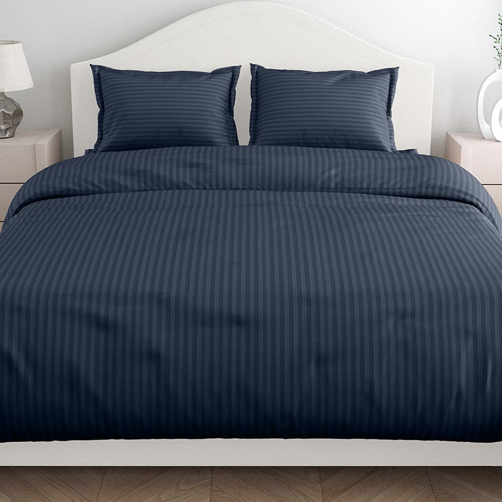 Navy Blue Satin Stripes King Fitted Bedsheet, 210 TC