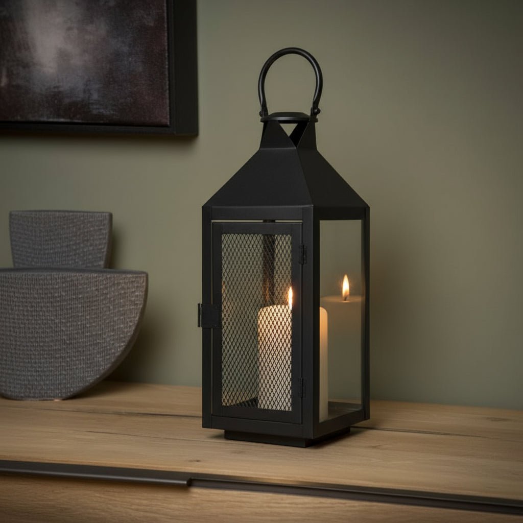 Metal Glass Matt Black Lantern, Black - Lantern | haus & kinder