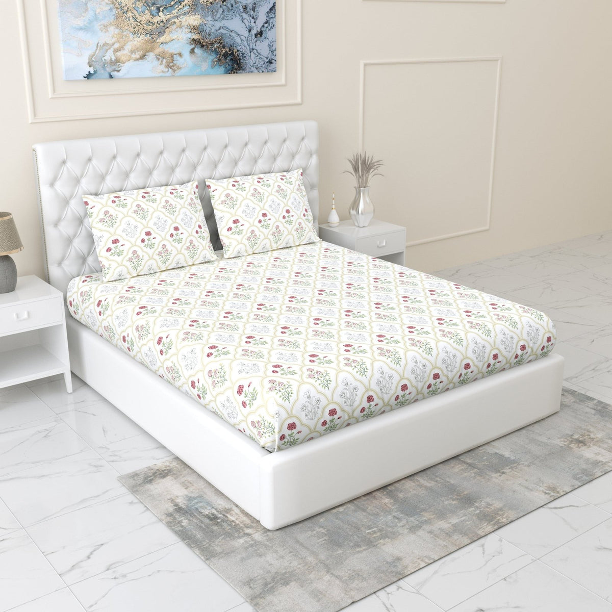 Rose Serenity, 100% Cotton King Fitted Bedsheet, 186 TC - Bedsheets | haus & kinder