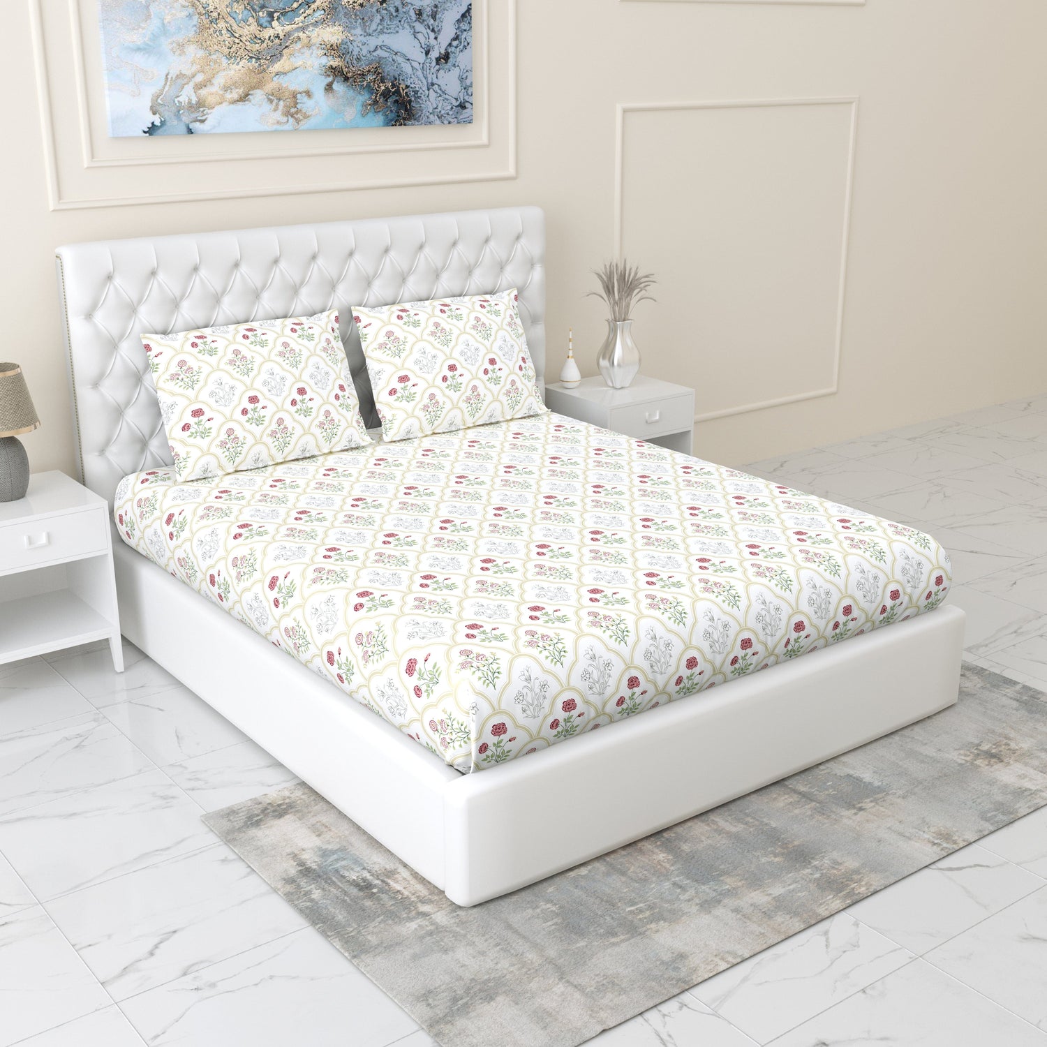 Rose Serenity, 100% Cotton King Fitted Bedsheet, 186 TC