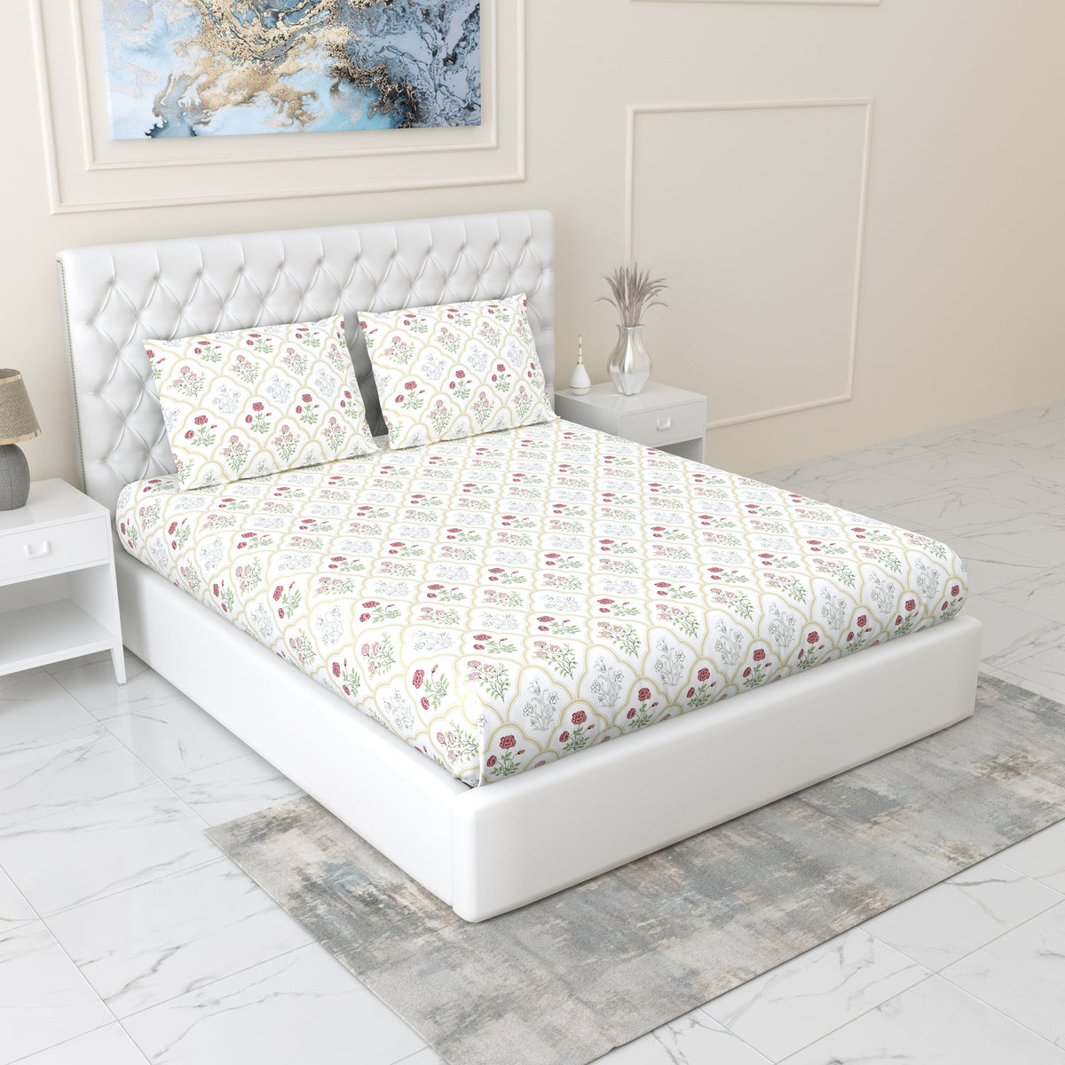Rose Serenity 100% Cotton Double Fitted Bedsheet, 186 TC