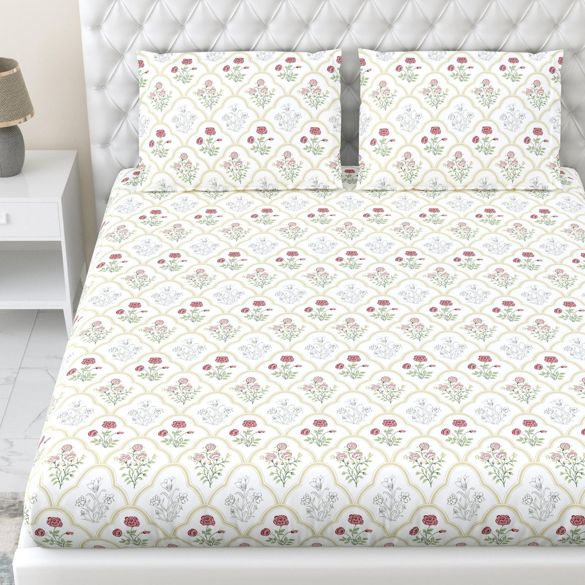 Rose Serenity, 100% Cotton King Fitted Bedsheet, 186 TC - Bedsheets | haus & kinder
