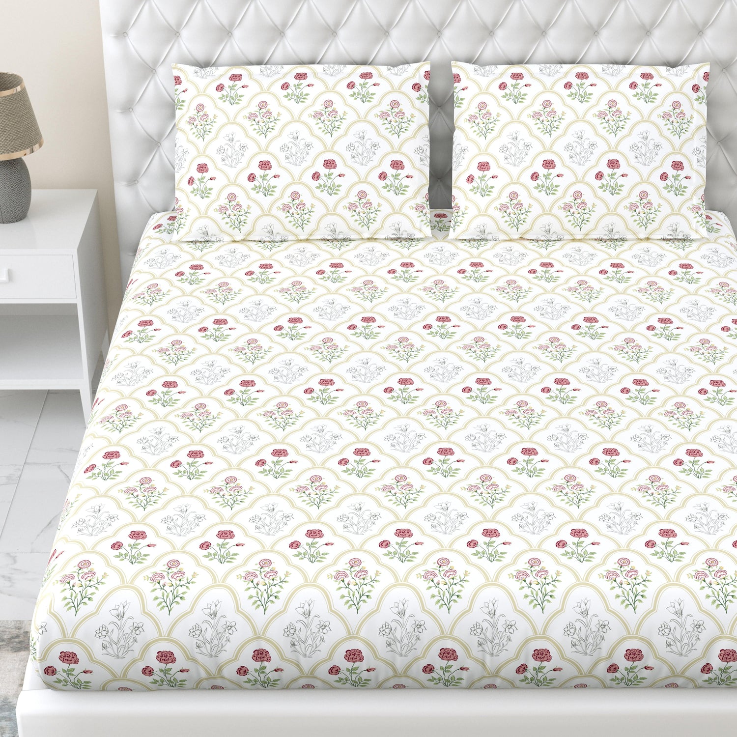 Rose Serenity, 100% Cotton King Fitted Bedsheet, 186 TC