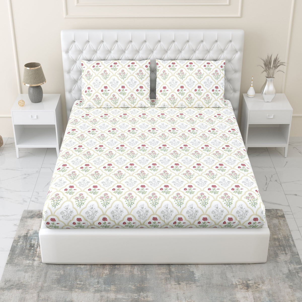 Rose Serenity 100% Cotton Double Fitted Bedsheet, 186 TC