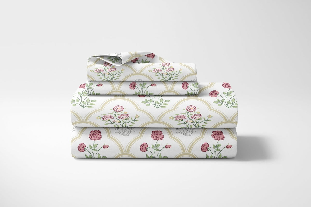 Rose Serenity, 100% Cotton King Fitted Bedsheet, 186 TC - Bedsheets | haus & kinder