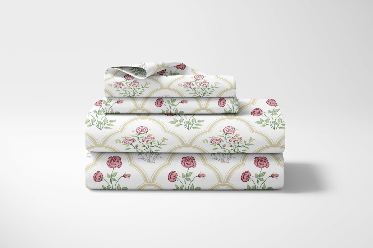 Rose Serenity 100% Cotton Double Fitted Bedsheet, 186 TC