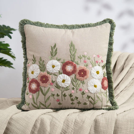 Embroidered Decorative Cushion Cover, Pastel Meadow