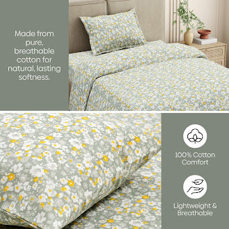 Silver Meadow Bloom Single Fitted Size Bedsheet, 186 TC