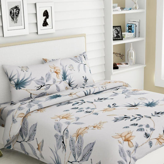 Sparrow Floral Art, 100% Cotton Double Size Bedsheet, 186 TC, Grey