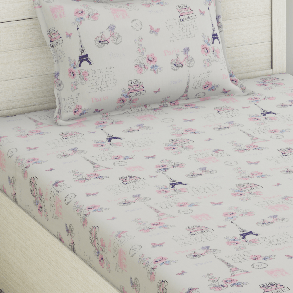 Trendy Prints 100% Cotton Single Bedsheet, Paris