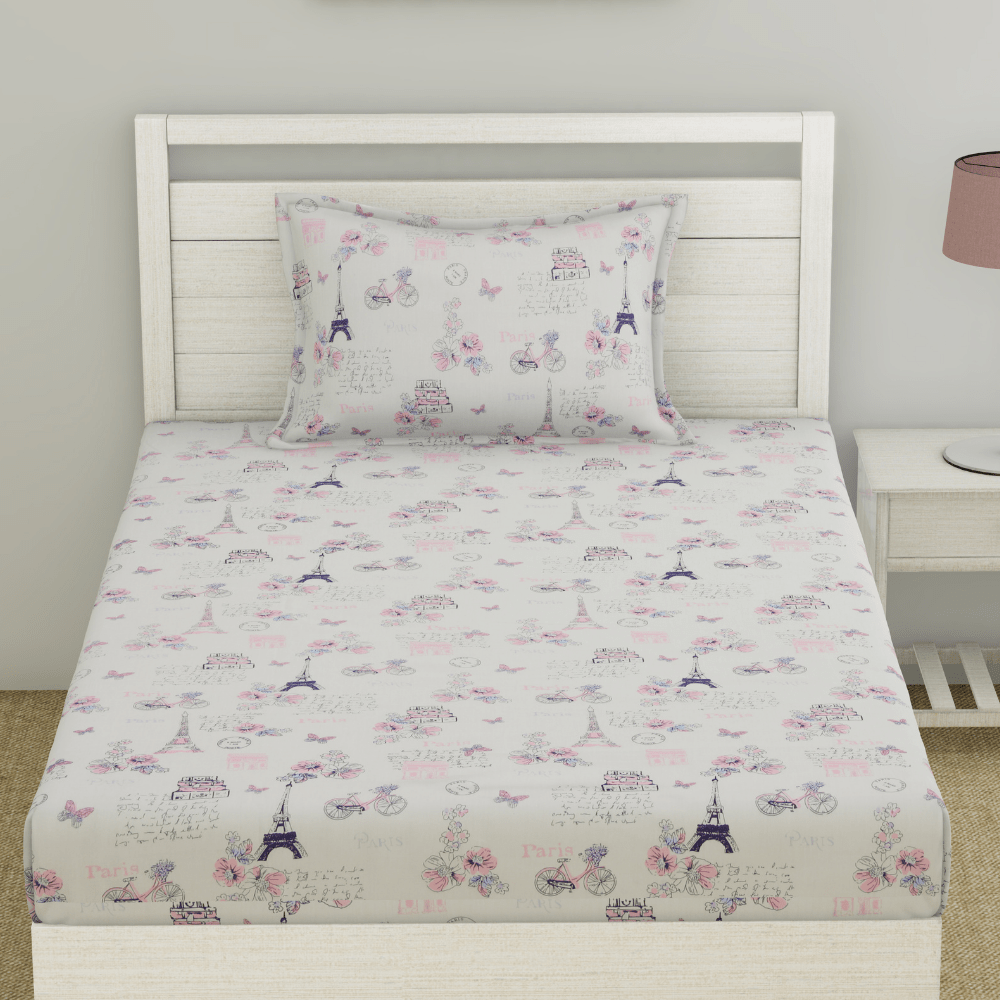 Trendy Prints 100% Cotton Single Bedsheet, Paris