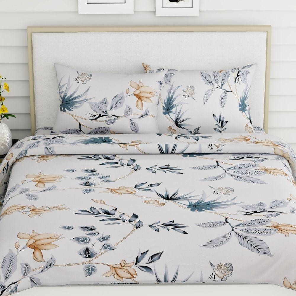 Sparrow Floral Art, 100% Cotton Double Size Bedsheet, 186 TC, Grey