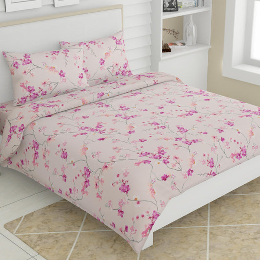 Serene Floral Art, 100% Cotton Double Size Bedsheet, 186 TC, Rosepink